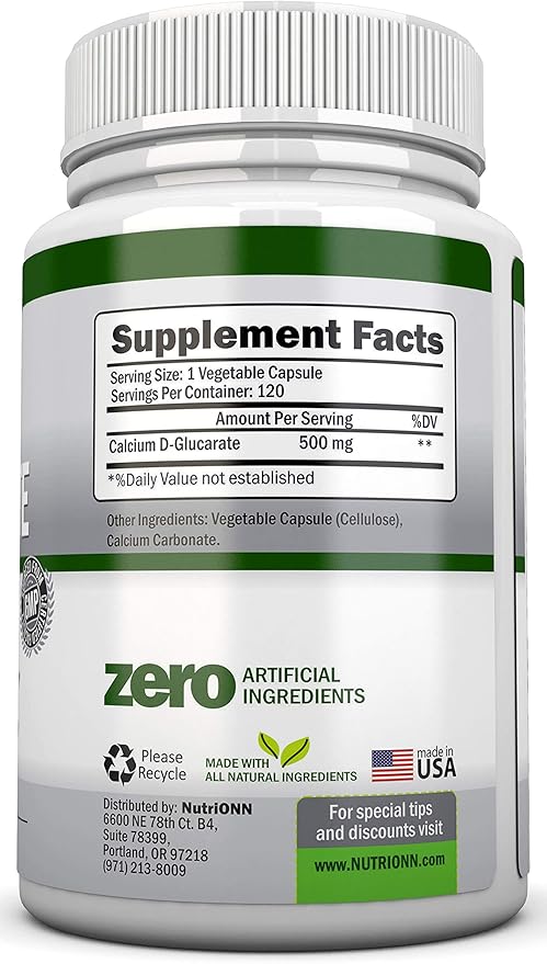 Calcium D-Glucarate - 500mg - 120 Vegetable Capsules - Superior Potency to Support Cleansing Processes Estrogen Metabolism &amp Hormonal Balance - Helps with Prostate Breast &amp Colon Health