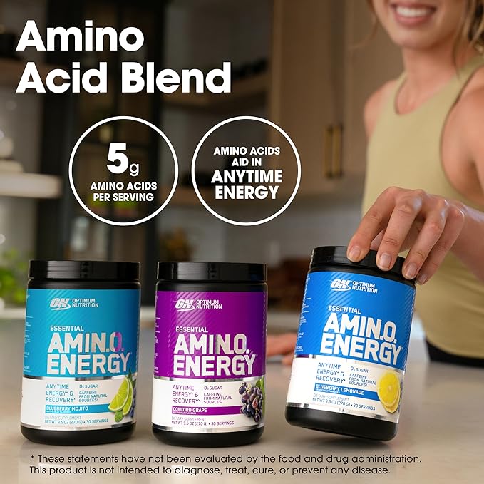 Optimum Nutrition Amino Energy - Pre Workout with Green Tea BCAA Amino Acids Keto Friendly Green Coffee Extract Energy Powder - Concord Grape 30 Servings