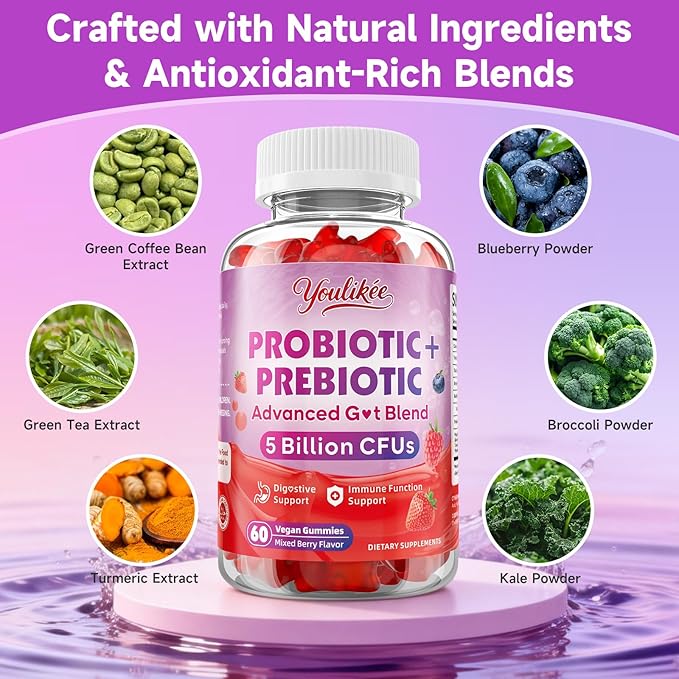 2 Pack Prebiotic + Probiotic Gummies for Women and Men Probiotic Gummies Supports Gut Health 5 Billion CFUs with Fibers Vegan Sugar-Free 120 Count