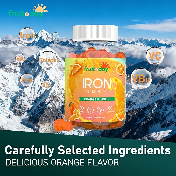Iron Gummies with Vitamin C B6 B12 and Folate - Gentle Ferrous Bisglycinate for Daily Nutrition - Orange Flavor - 60 Gummies