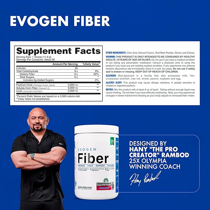 Evogen Fiber - Premium Fiber Powder Supplement | No Bloat Constipation &amp Gut Health Support | Natural Mixed Berry | 30 Servings
