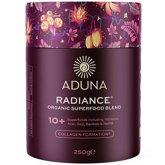 Aduna Organic Radiance Superfood Blend | 100% Natural Stir-in Blend With 10+ Superfoods for Skin Glow Collagen Support &amp Hormone Balance | Vegan Powder for Yogurt Juices &amp Smoothies | 250g