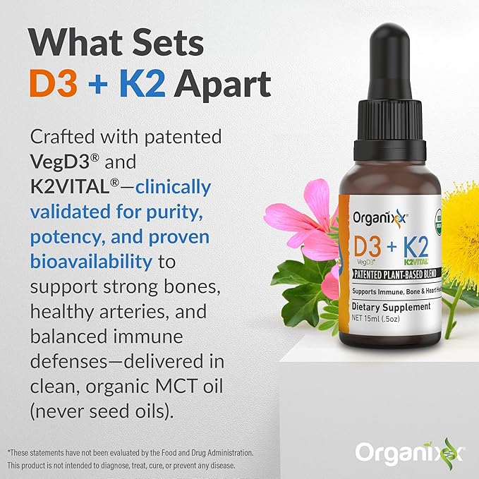 Organixx D3 K2 Supplement Supports Bone and Immune Health Bioavailable and Easy Absorption Formula with MCT Oil for Overall Wellness Clean Nutrient Blend Non GMO 15 ML 30 Servings