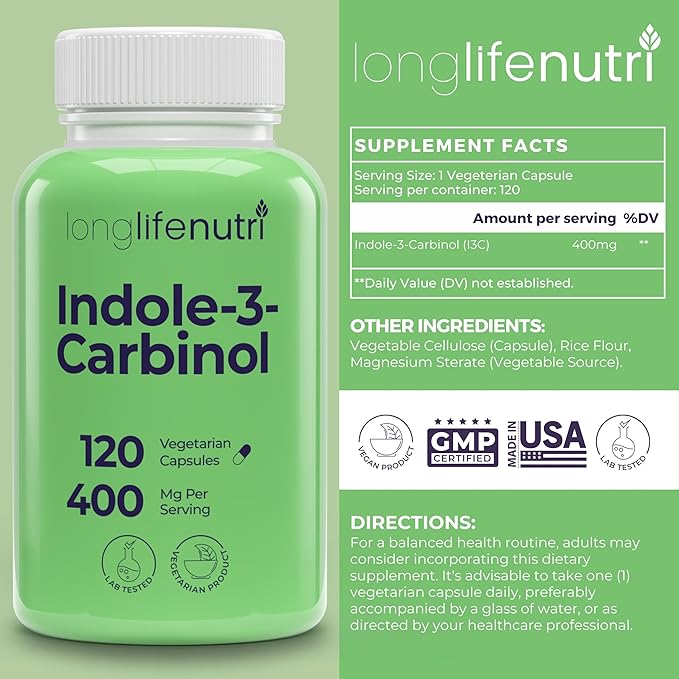 LongLifeNutri Indole-3-Carbinol 400mg - 120 Vegeterian Capsules 4-Month Supply Organic Supplement for Hormone Balance &amp Cellular Health Lab Tested Made in USA