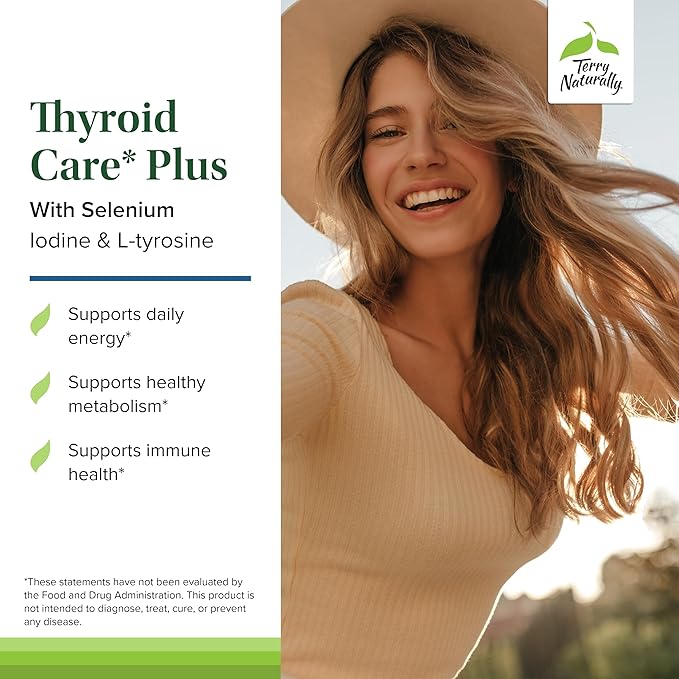 Terry Naturally Thyroid Care Plus - Supplement to Aid Thyroid - Dietary Supplement for Energy &amp Healthy Hair Support - Supplement with L-Tyrosine &amp Selenium - 60 Capsules (2 Pack)