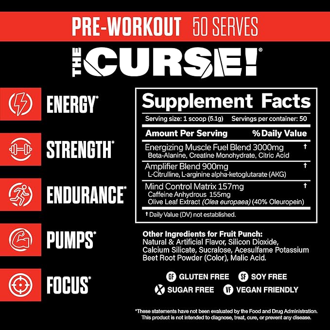 JNX SPORTS The Curse! Fruit Punch Pre Workout Powder with Creatine – Extreme Energy Preworkout for Men &amp Women – 50 Servings – L Citrulline Beta Alanine &amp Caffeine for Pump Strength &amp Fo