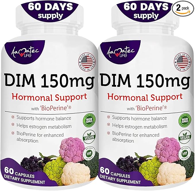 Women’s DIM Complex 150mg - Bioperine Estrogen Balancing Pills for Menopause &amp Hot Flashes Relief Support Hormonal Acne Powerful Supplement - Pack of 2 (60 Count per Bottle) Made in USA