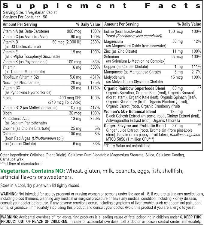 Rainbow Light Multivitamin for Women 50+ Vitamin C D &amp Zinc Probiotics Women’s One 50+ Multivitamin Provides High Potency Immune Support Non-GMO Vegetarian 150 Tablets