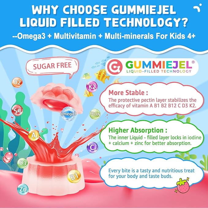 Omega 3 (EPA/DHA) Filled Gummies for Kids Teen with Multivitamin Calcium + D3 + K2 + Zinc Plus Vitamin A B1 B2 B12 C Selenium Iodine for Brain Eye Bone Energy No Fish Taste Sugar Free