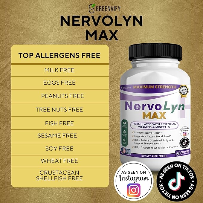 NervoLyn Max Maximum Strength Nerve Support Supplement 60 Capsules with Vitamin B Complex Vegan Gluten Free Non-GMO 30 Day Supply (5)