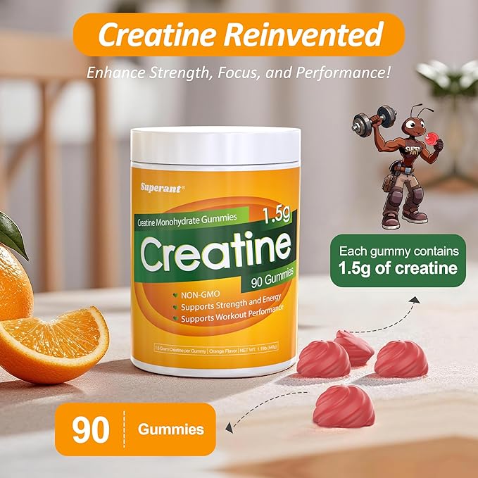 SUPERANT Creatine Monohydrate Gummies for Men &amp Women 1.5g of Creatine per Gummy Boost Focus Strength and Endurance Vegan Gluten-Free Non-GMO 90 Gummies