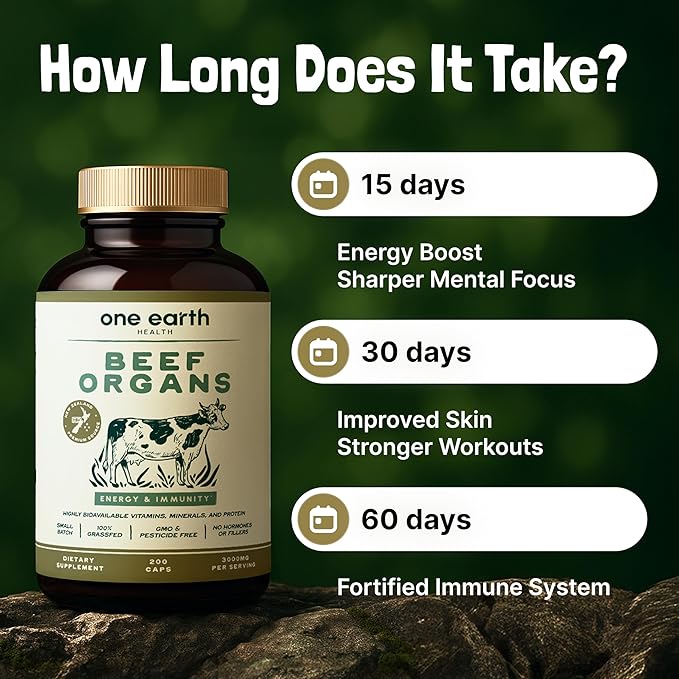 One Earth Health New Zealand 100% Grass Fed Beef Organs – (200 Count 3000mg Serving) Liver Heart Kidney Pancreas Spleen Supplement. Organ Meat Complex sourced from New Zealand
