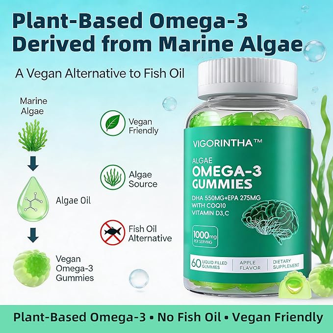 Vegan Omega-3 Algae Oil Supplement with DHA 300mg &amp EPA 150mg Plant-Based Omega-3 with Vitamin D3 &amp K2 Fish-Free Algal Oil Softgels for Men &amp Women 2 Pack 120 Softgels 60 Day Supply
