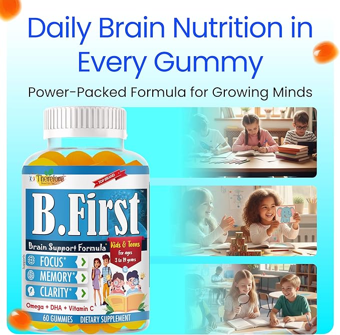 B.First Focus Gummies for Kids &amp Teens | Kids Focus and Attention Supplements with Omega 3 DHA – Memory Vitamins for Concentration Mental Clarity &amp Cognitive Support-60ct