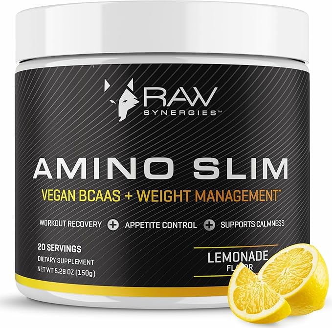 RAW Synergies Amino Slim - Active Lifestyle Supplement for Metabolic &amp Mindful Eating Support - Muscle &amp Energy Support - Sugar-Free &amp Vegan - Lemonade - 20 Servings