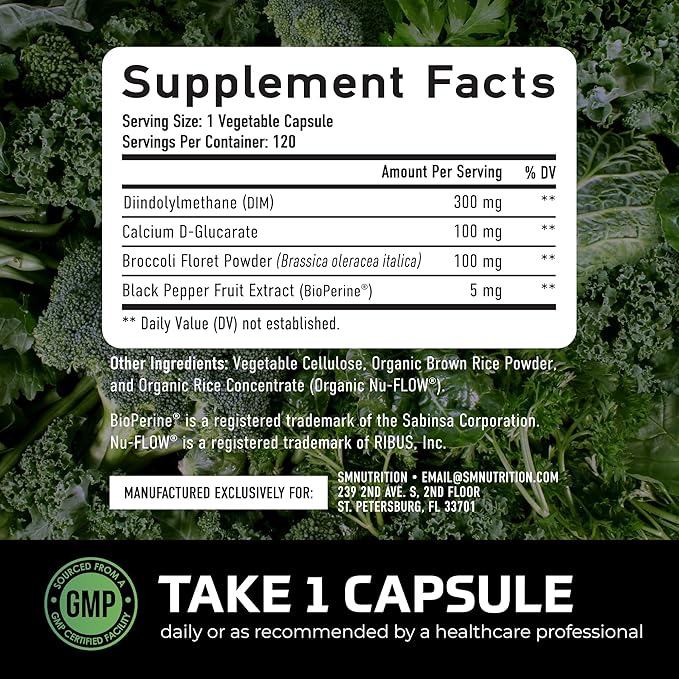 DIM Supplement for Men 300mg | Estrogen Blocker &amp Aromatase Inhibitor | Extra Strength Men’s Hormone Balance &amp Fitness Booster with Diindolylmethane Plus CDG &amp Broccoli Floret | Gluten-Fre