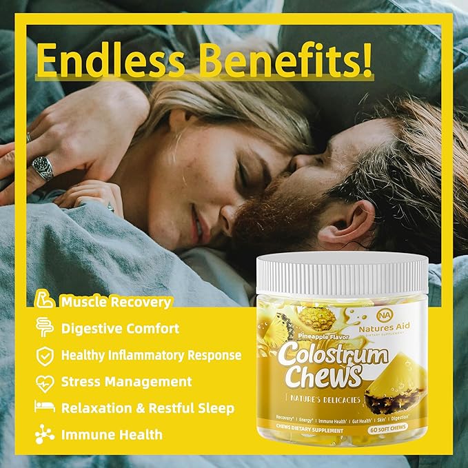 Colostrum Chews Supplement with probiotics for Gut Health Bloating Immune Support Skin Hair Growth and Beauty - Pineapple Flavor (60 Servings)