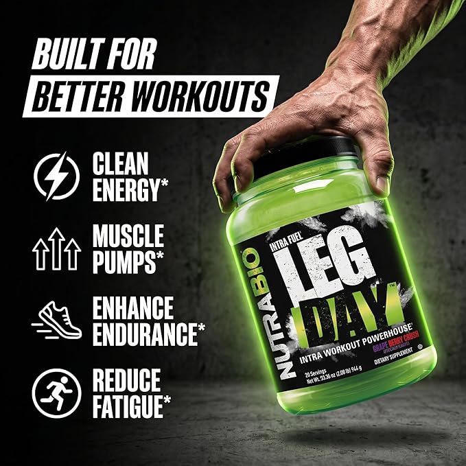 NutraBio Leg Day Intra Workout Powder – Advanced Carb Supplement with Cluster Dextrin &amp Electrolytes – Carb Powder with EAAs/BCAAs – Cyclic Dextrin for Performance – Grape Berry 20 Servings