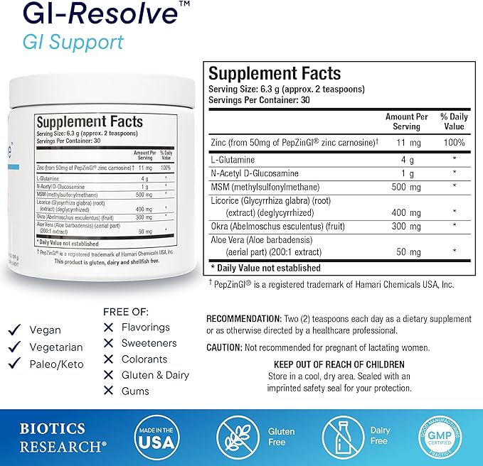 Biotics Research GI Resolve™ Advanced L-Glutamine Powder Formula for Gut Lining Support &amp Healing - Optimal Gastrointestinal Function - Premium 7-Ingredient with Zinc Carnosine &amp Botanicals- 6