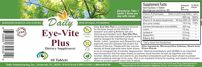 Daily Manufacturing Eye-Vite Plus™ (Vitamin's A C E Zinc Gamma Aminobutyric Acid (GABA) Lutein Zeaxanthin &amp Bilberry)