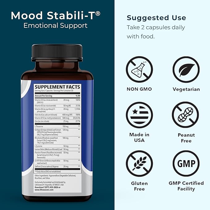 LifeSeasons - Mood Stabili-T - Positive Mood Booster - Enhanced Calmness and Happiness - Relaxed and Balanced Mind - Contains Rhodiola Ginkgo Biloba and Vitamin D3 - (60 Capsules)