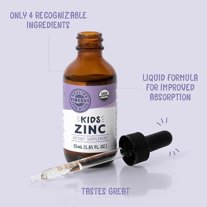 VIMERGY Kids USDA Organic Liquid Zinc Sulfate – for Children &amp Adolescence 1-18 Years Old Fast-Absorbing Immune Support* – Promotes Healthy Bones Hair &amp Skin. Kosher Vegan Non-GMO – 55 mL