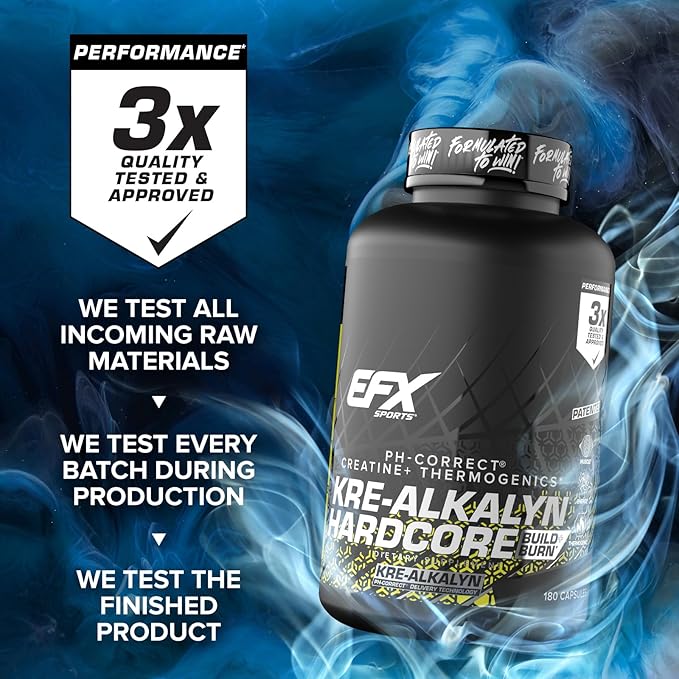 EFX Sports Kre-Alkalyn Hardcore | Thermogenic pH Correct Creatine Monohydrate Pill Supplement | Energy &amp Strength Pre Workout | 60 Servings 180 Capsules
