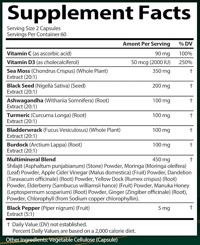 Sea Moss Black Seed Oil Ashwagandha Ginger Organic Sea Moss Capsules with Burdock Root Irish Seamoss Pills with Bladderwrack Turmeric Shilajit Multimineral Supplement USA (120 Capsules)