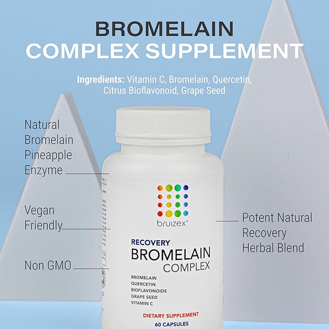 Bruizex Bromelain &amp Quercetin Recovery Complex - Post Surgery Recovery Bruising Swelling Relief Lymphatic Drainage - Post 360 lipo BBL Liposuction Tummy Tuck - Non GMO - 60 Capsules