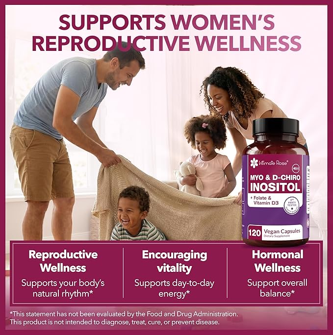 Intimate Rose Myo-Inositol &amp D-Chiro Inositol Supplement with Folate and Vitamin D - Support Hormonal Balance Regular Cycles and Ovarian Health - 30-Day Supply - 40:1 Ratio Capsules