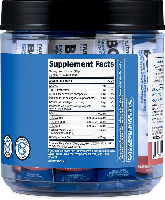 Nutricost BCAA+ Hydration Raspberry Lemonade (20 Stickpacks) - Branched Chain Amino Acids with Hydration Complex - Gluten-Free Non-GMO