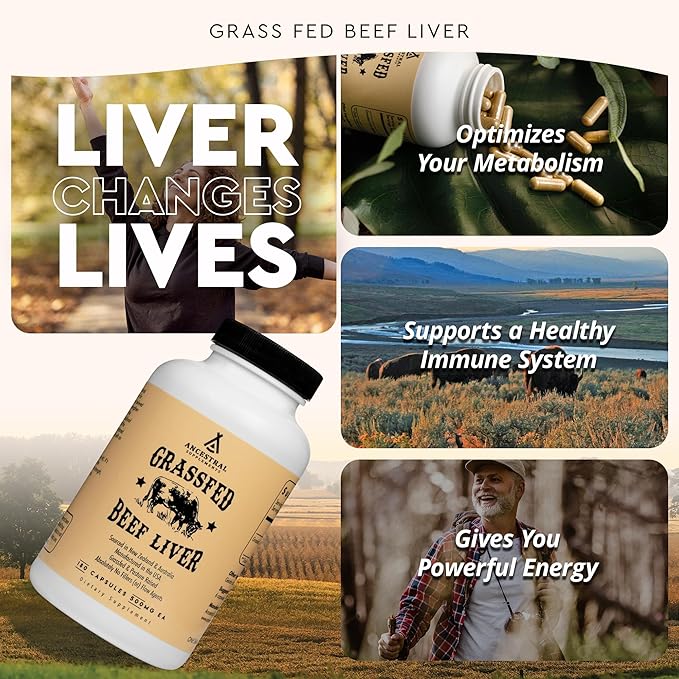 Ancestral Supplements Grass Fed Beef Liver 180 Capsules Supports Energy Production Detoxification Digestion Immunity and Full Body Wellness Non-GMO Freeze Dried Liver Health Supplement