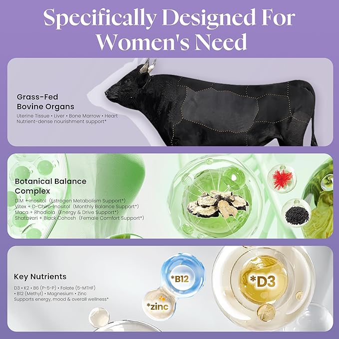 19-in-1 Beef Organ Supplement for Women (USA Made &amp New &amp Improved) Grass Fed Beef Liver Heart Boosted DIM Inositol B Vitamins &amp Botanical Complex-Support Energy Hormone Balance&amp