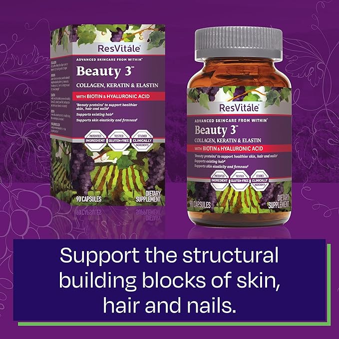 ResVitále Beauty 3 - Skin Care Supplement with Collagen Keratin &amp Elastin - 90 Capsules
