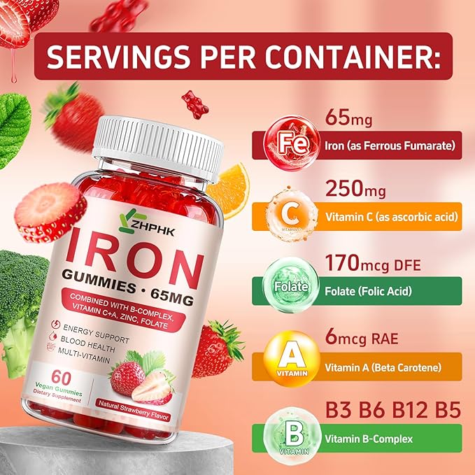 Iron Supplement Gummies for Women Men &amp Kids 65mg Iron &amp 250mg Vitamin C per Serving - Healthy Blood Energy &amp Immune Support Iron Vitamin Gummy with Folate 2 Pack
