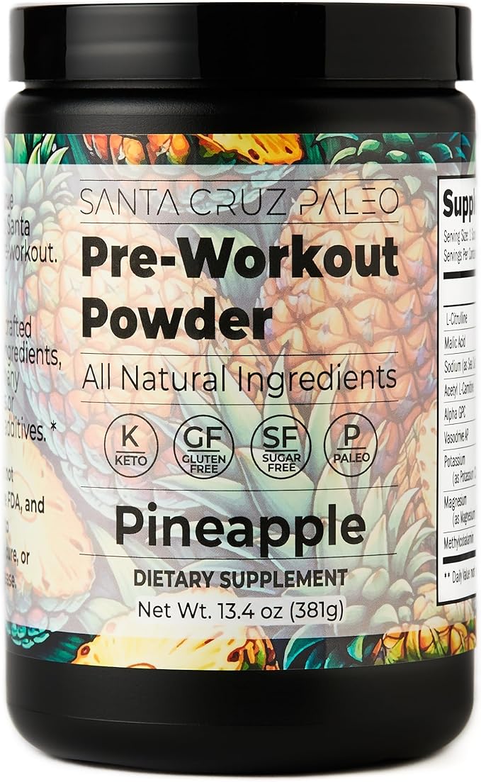 Santa Cruz Paleo Pre Workout Powder Electrolytes Magnesium Potassium Sea Salt &amp L Citrulline Caffeine &amp Sugar Free Preworkout Drink Mix for Energy &amp Hydration Pineapple Flavor 30 Ser