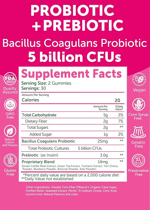 Lunakai USA Made Prebiotic + Probiotic Gummies for Women and Men - High Potency 5 Billion CFUs with Fibers - Non-GMO Gut Health Support - 6 Pack