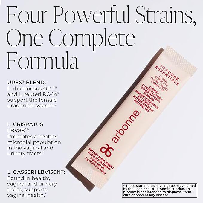 HerCore Essentials Flora Complete - Women’s Vaginal Probiotics Supplement with 4 Clinically Studied Strains – Supports pH Balance for Women &amp Immune Function – Cherry Citrus Flavor – 30 Stick Pack