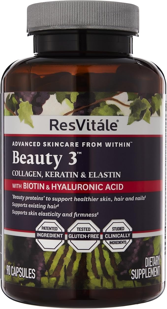 ResVitále Beauty 3 - Skin Care Supplement with Collagen Keratin &amp Elastin - 90 Capsules