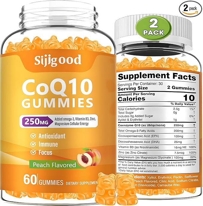 2 Pack CoQ10 Gummies Plus Omega-3 Vitamin B3 and Zinc Magnesium 5X High Absorption Coenzyme Q10 Supplements q10 for Boost Cellular Energy Potent Antioxidant &amp Brain Peach Flavor 120 Cts