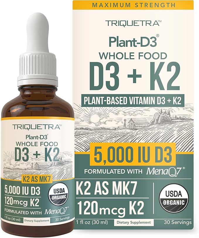 Organic Plant D3 + K2 (5000 iu D3) - All-Trans MK7 from MenaQ7 (120 mcg K2) - 100% Organic &amp Plant-Based Sublingual D3 Drops (Cholecalciferol) 100% Vegan - Supports Immunity Bone(1oz)