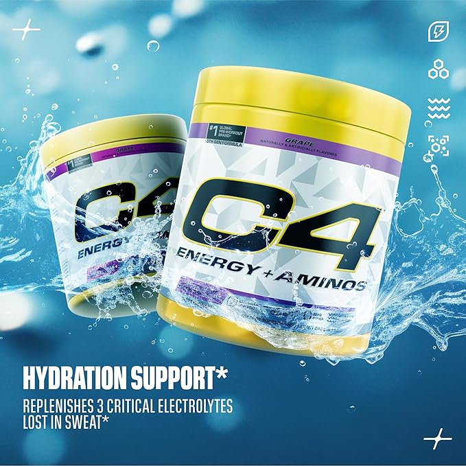 C4 Energy + Aminos Powder 5g BCAAs &amp EAAs for Muscle Recovery 3 Electrolytes for Hydration 100mg Natural Caffeine Pre Workout Zero Sugar 30 Servings Grape