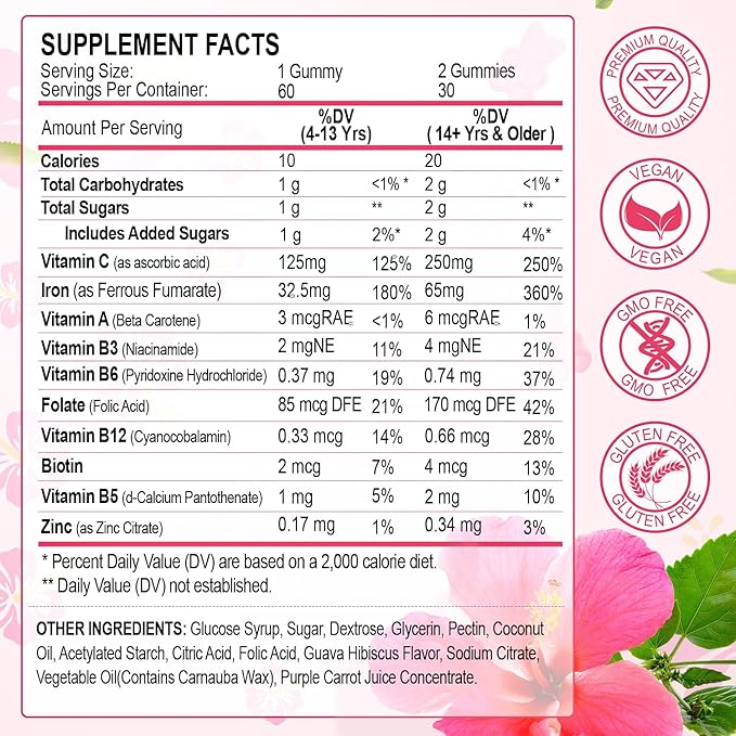 Iron Gummies for Women Men Vitamin Supplement 65mg &amp Vitamin C 250mg Per Serving with B6 B12 Folate- Energy Support for Iron Deficiency Anemia Vegan Guava Hibiscus Flavor 120 Count