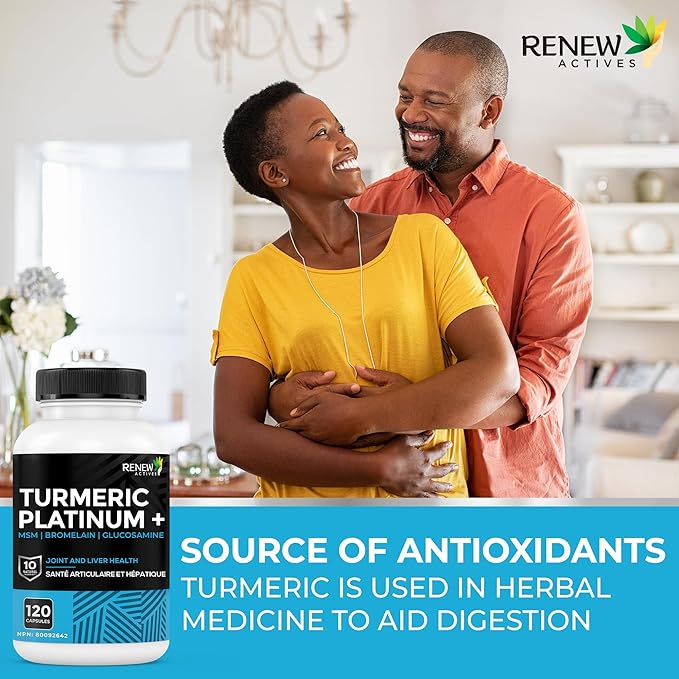 Renew Actives Turmeric Platinum 1350MG per 3 Capsules with Black Pepper &amp Ginger – Antioxidant Liver &amp Digestive Support – Reduces Inflammation &amp Boosts Immunity – Made in Canada – 120 Ca