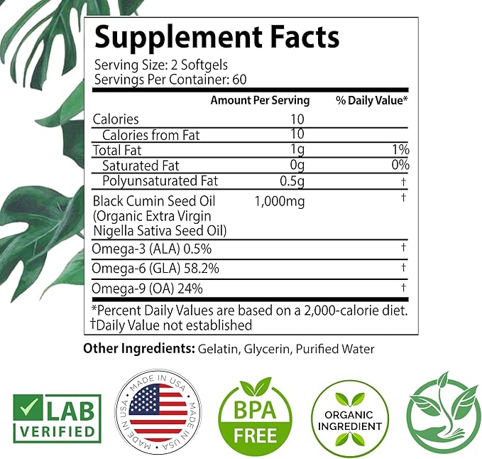 Black Seed Oil Capsules 1000mg Organic Cold Pressed Black Cumin High TQ Immune &amp Joint Support 120 Count (2 Month Supply)