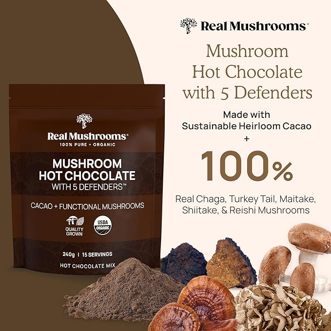 Real Mushrooms Organic Hot Chocolate Mix with Reishi Turkey Tail Chaga Shiitake Maitake – Cacao Powder Organic Mushroom– 5 Defenders Mushroom Cacao Powder Vegan Gluten-Free 15 Servings