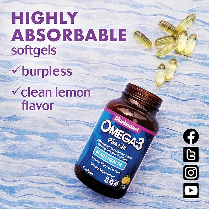 BlueBonnet Nutrition Omega-3 Brain Formula Natural Wild Caught Triglyceride Form DHA 1000 mg EPA 210 mg Highly Concentrated Cognitive Health &amp Wellness Support Supplement Gluten-Free Softgel Ye