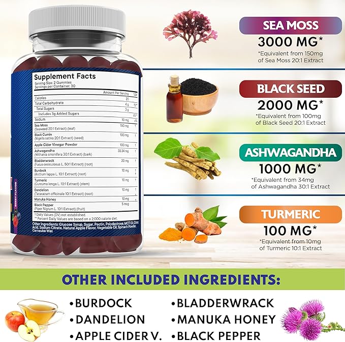 Sea Moss Gummies Sea Moss Black Seed Ashwagandha Turmeric Manuka Honey ACV Dandelion Black Pepper Burdock Bladderwrack Vegan- 180 Count