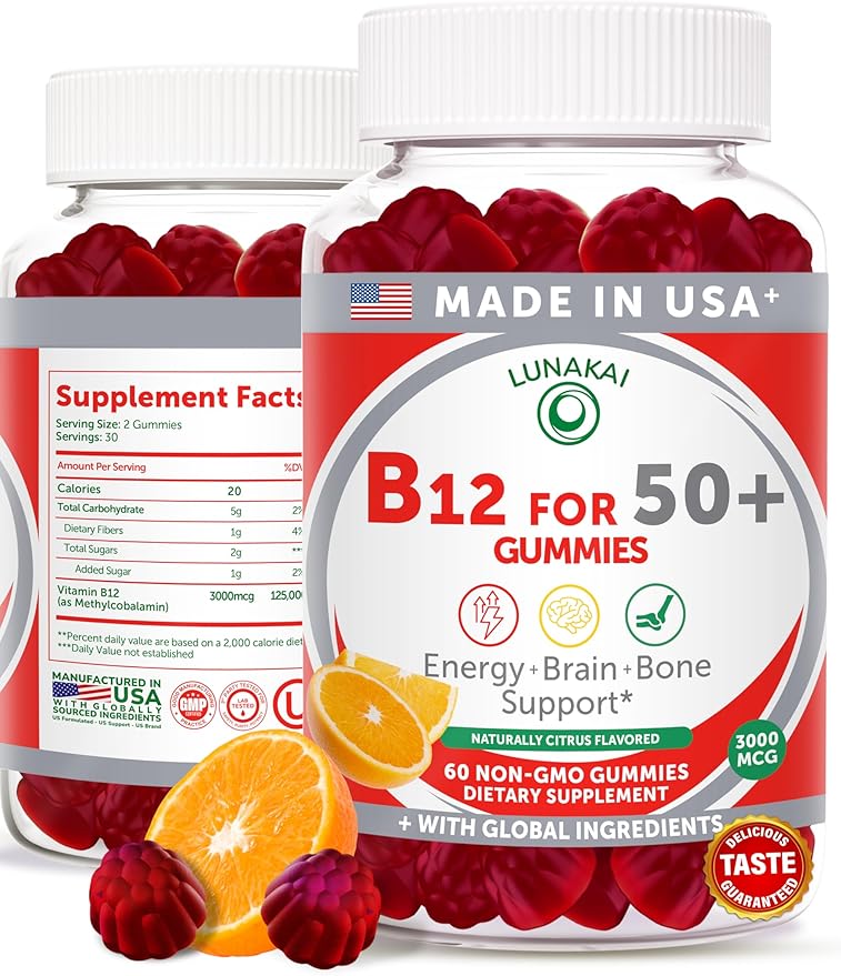 Lunakai USA Made Vitamin B12 Gummies for Adults 50+ Non-GMO B12 for Energy &amp Vitality Boost Delicious Orange Flavor 60ct
