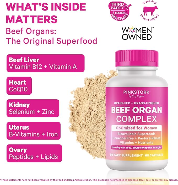 Pink Stork Beef Organ Supplement for Women | Grass-Fed Beef Liver Capsules with Iron B12 CoQ10 Vitamin A | Primal Multivitamin for Female Hormone + Energy Support | 60 Capsules